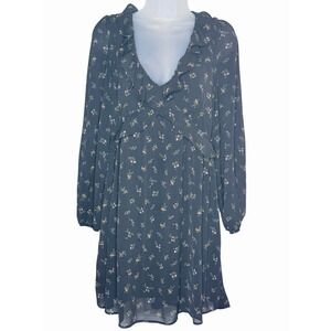American Eagle Dress SZ L Ditsy Black Floral Purple Ruffle Bell Sleeves Babydoll